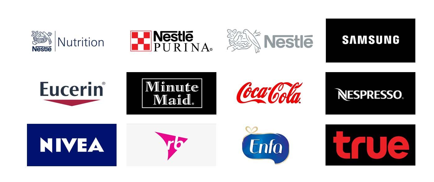 Logos of brands worked with: Nestlé Nutrition, Purina, Nestlé, Samsung, Eucerin, Minute Maid, Coca-Cola, Nespresso, NIVEA, RB, Enfa and True
